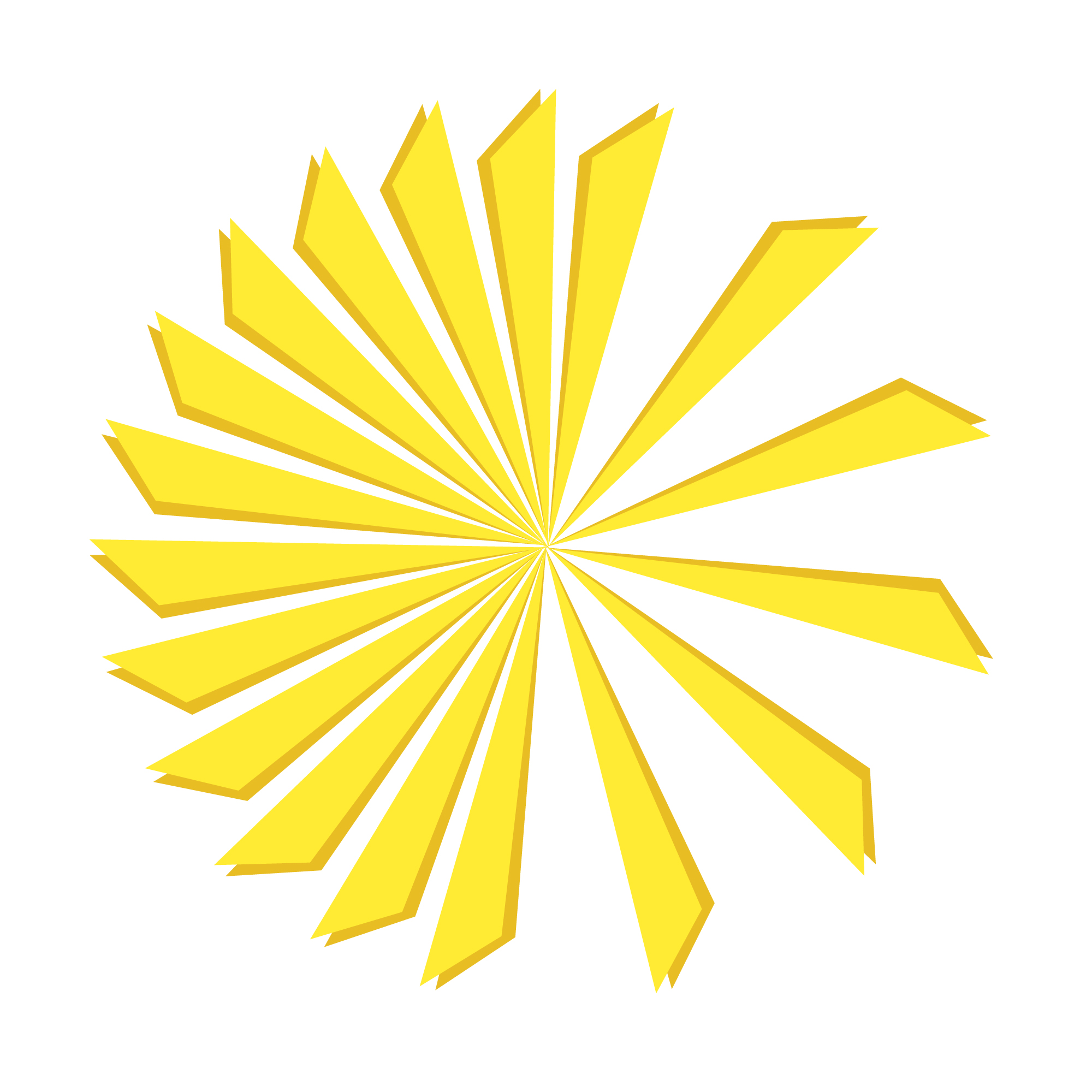 Abstract logo, a series of yellow triangles arranged in a circle with orange shadows.