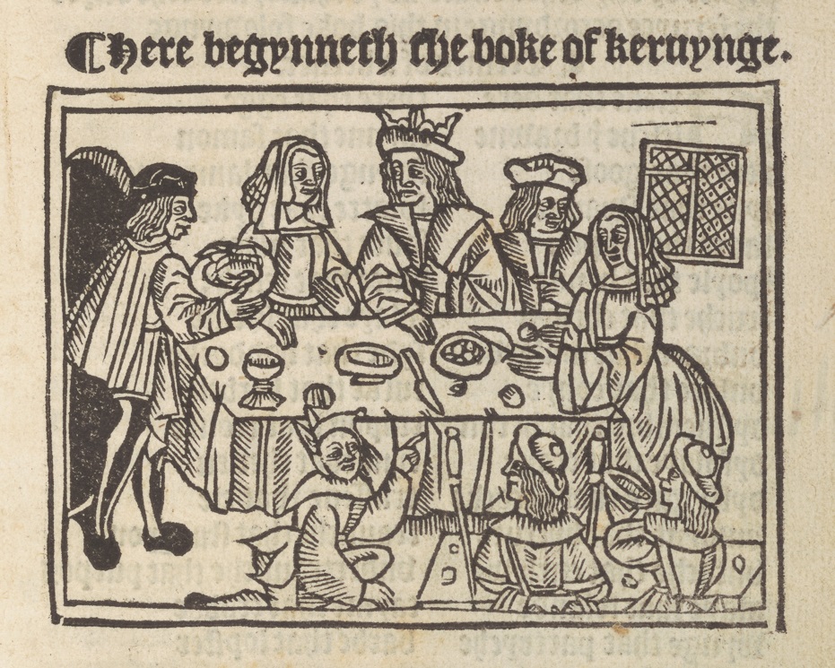 Historic printed image of medieval people around a table, on which are a table cloth, crockery and other food related items.